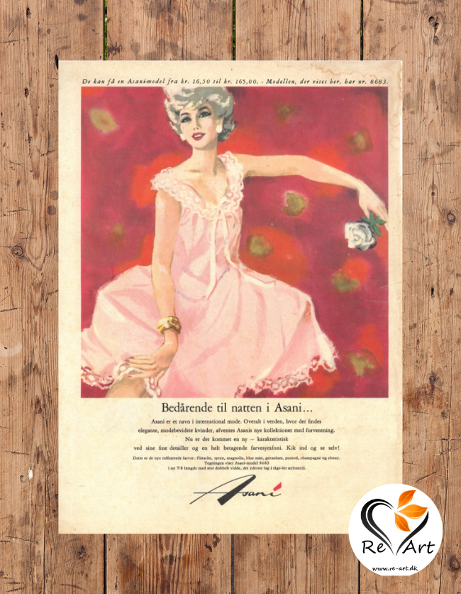 Asani original reklame plakat med kvinde i lyserød kjole