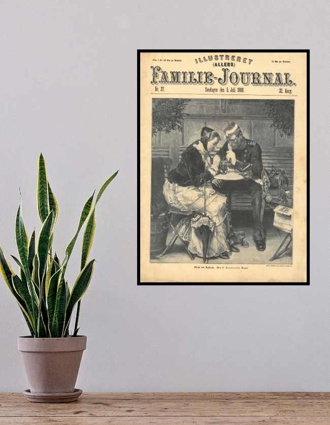 Motivet er fra Illustreret Familie Journalen og er af Carl Aller fra 1908. PÅ plakaten sidder en soldat og en kvinde som er forelsket