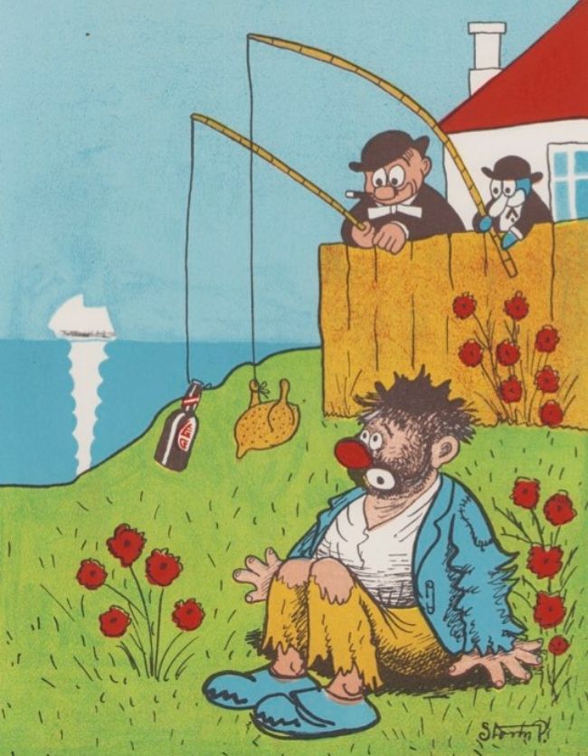 Dette er en vintage plakat af storm på. Plakaten er grøn og blå. Peter og ring fisker med killing og en flaske foran en vagabond. 