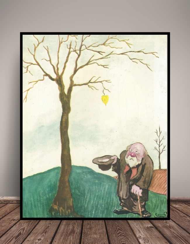 Dette er en Storm P. plakat som er en tegning af en mand som kigger op på en trætop med det sidste blad