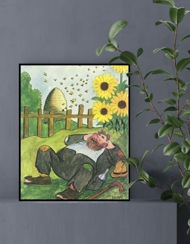 Storm Ps billede af en mand der ligger på græsset ved siden af gule mælkebøtter, med honningbier omkring ham. På plakaten er der en vagabond og solsikker og honningbier