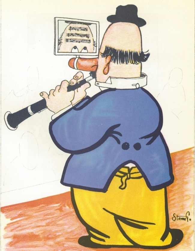 Dette er en storm p. plakat som forestiller en mand som spiller klarinet mens han kigger på noder på hans pande gennem et spejl