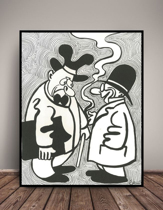 Storm P. vintage plakat som viser to mænd som står og har en diskussion mens de ryger en smøg
