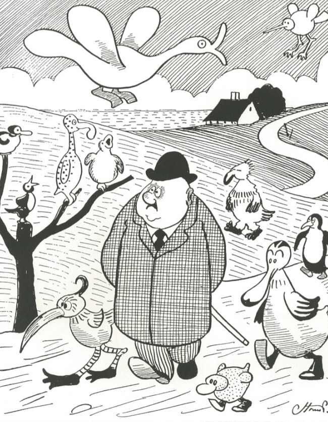 Billedet er en tegning som er trykt som en plakat som er tegnet af maleren Storm P. På billedet er en mand som går på en sti med dyr
