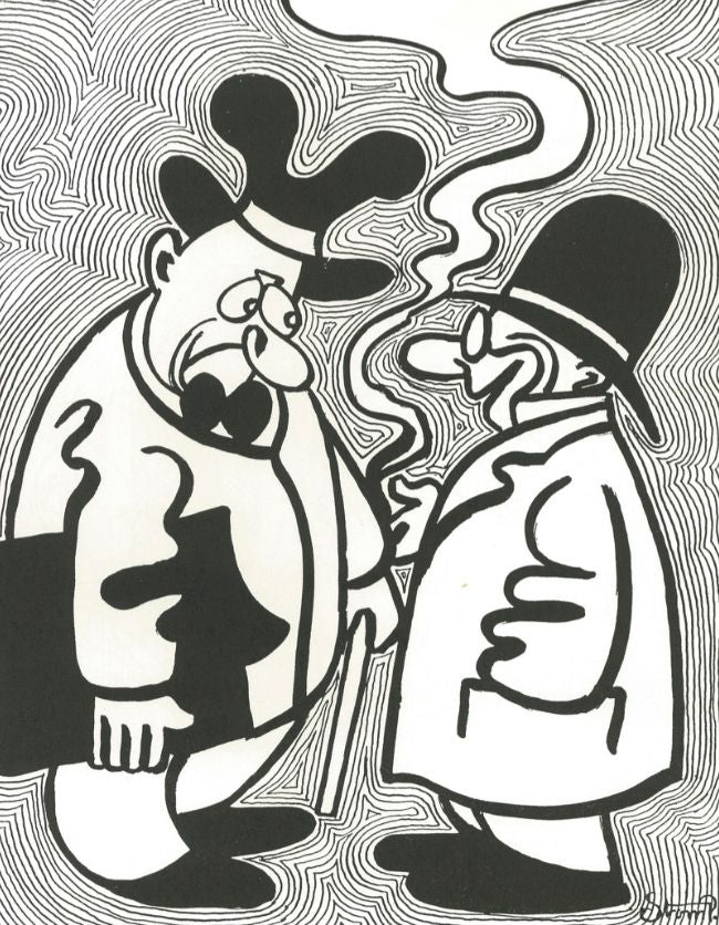Storm P. vintage plakat som viser to mænd som står og har en diskussion mens de ryger 