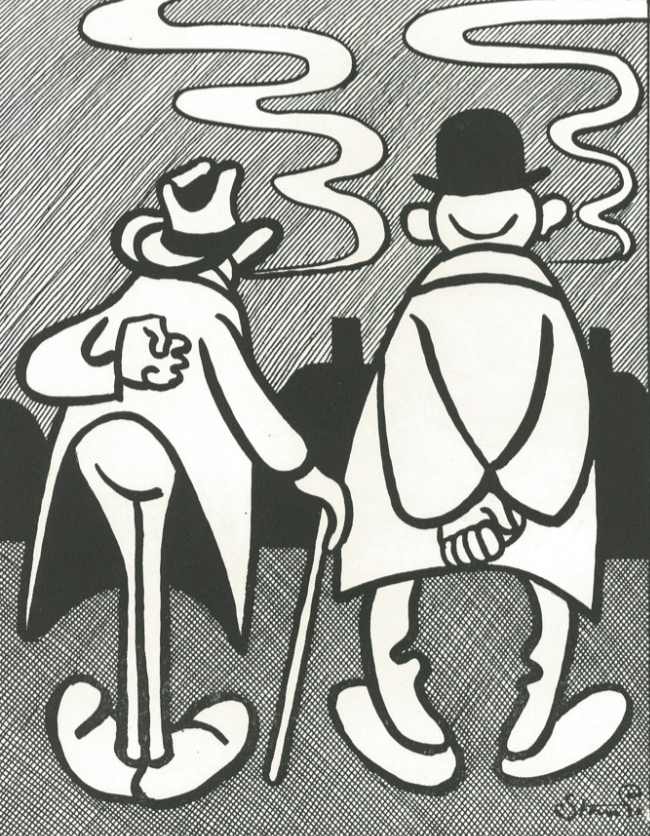 Storm p. plakat hvor der er tegnet to mænd som går med ryggen til og ryger . Begge mænd har hat på og den ene har en stok i hånden