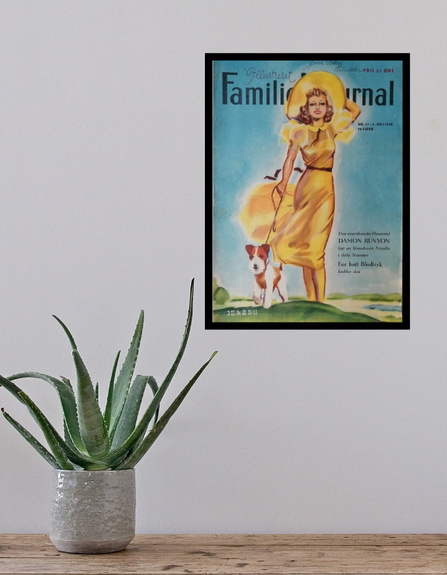 En hvid væg med en plante i forgrunden hvor der hænger et billede af en gammel forside på væggen. På forsiden står der familie journalen over en kvinde der kommer gående med gul sommerhat og gul sommerkjole i et strålende solskinsvejr