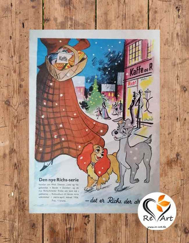 Disney plakat | Lady og vagabonden | Richs kaffe plakat | Retro Kunst | Art | Disneyfans |Disney klassikker | Kaffe plakater | Original reklame plakat | Posters | RE-ART.DK