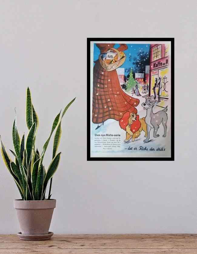 Disney plakat | Lady og vagabonden | Richs kaffe plakat | Retro Kunst | Art | Disneyfans |Disney klassikker | Kaffe plakater | Original reklame plakat | Posters | RE-ART.DK