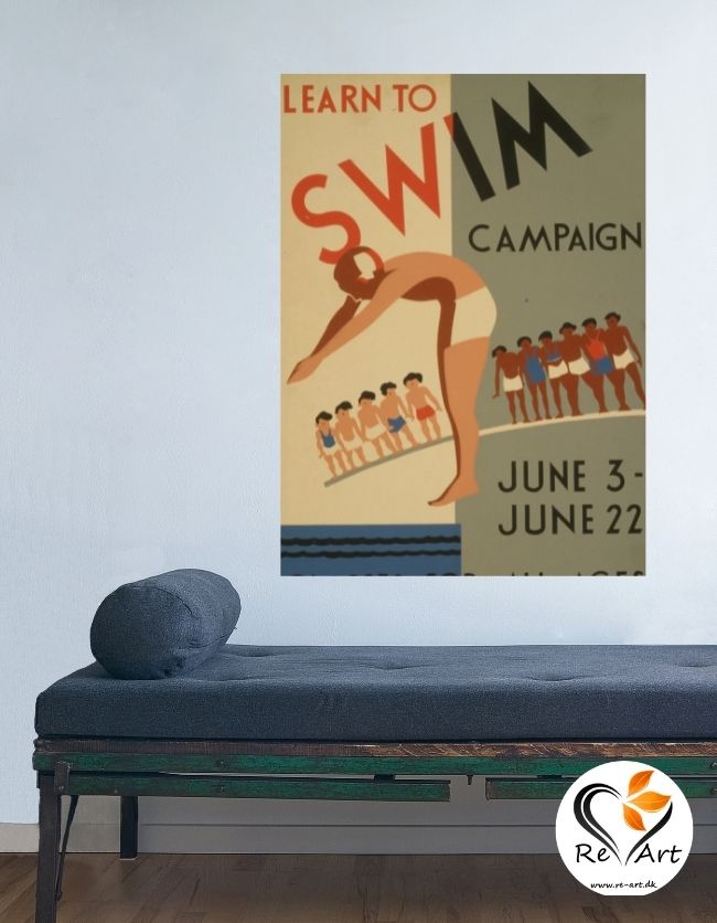 Svømme plakat |  svømme lektion | reklame kunst | klassiks plakat |Retro plakater, kunst plakater, posters, vintage illustrationer, unika kunst, store plakater, små plakater, stor format, retro | Re-Art.dk