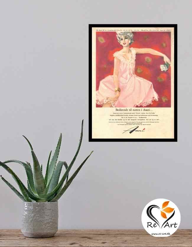 Asani original reklame plakat med kvinde i lyserød kjole