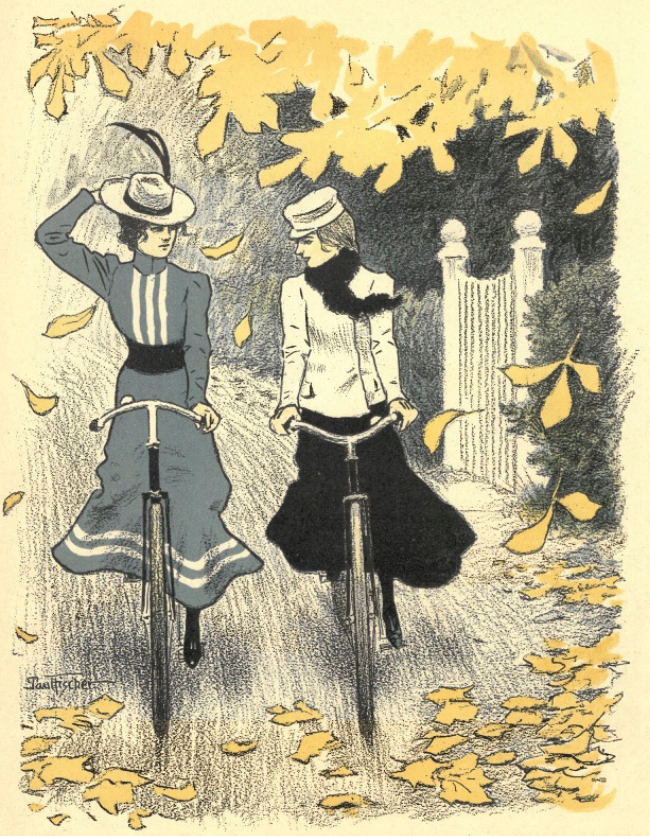 Denne vintageplakat forestiller to kvinder som cykler en cykeltur i efteråret, hvor gule blade flyver fra træerne