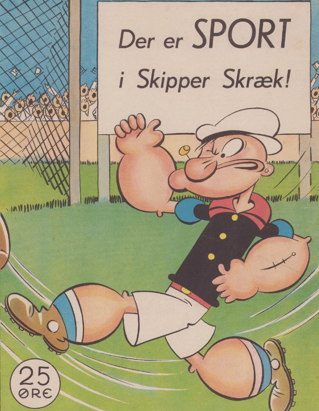 Gammel plakat fra 30'erne af Skipper Skræk sparker til en fodbold