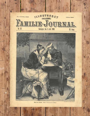 Motivet er fra Illustreret Familie Journalen og er af Carl Aller fra 1908. PÅ plakaten sidder en soldat og en kvinde som er forelsket