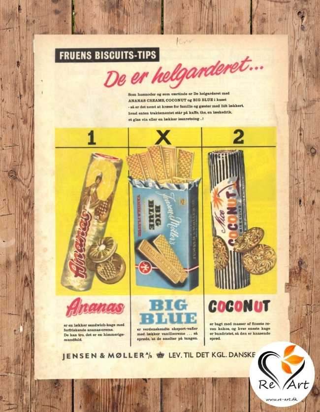 Dette en original Reklame Plakat fra Jensen & Møller. På plakaten er der tre forskellige Biscuits-tips. Plakaten er gul