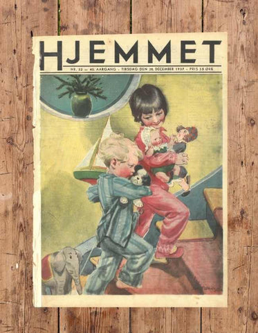 Original forside fra Hjemmet. Sengetid fra 28. december 1937. Rigtig fin til børneværelset. PÅ Plakaten er der to børn som er på vej i seng