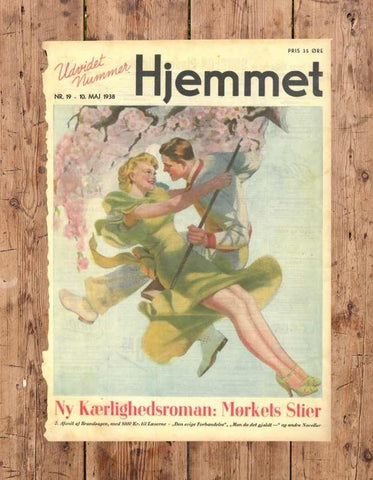 Original forside fra Hjemmet. Romantik fra 10. maj 1938. En kvinde og mand på en gynge i naturen