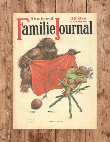 Dette er en original forsside fra Lawson Wood, som belv udgivet i Familie Journalen i 1932. Den forestiller to aber, hvor den ene er en baby