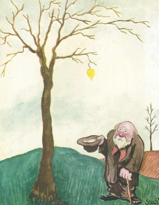 Dette er en Storm P. plakat som er en tegning af en mand som kigger op på en trætop med det sidste blad