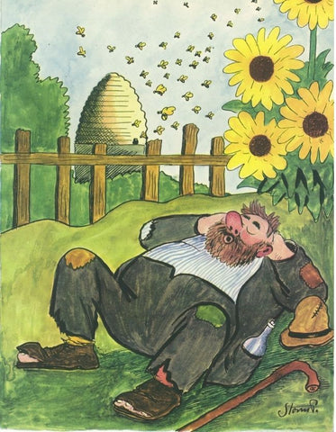 Storm Ps billede af en mand der ligger på græsset ved siden af gule mælkebøtter, med honningbier omkring ham. På plakaten er der en vagabond og solsikker og honningbier