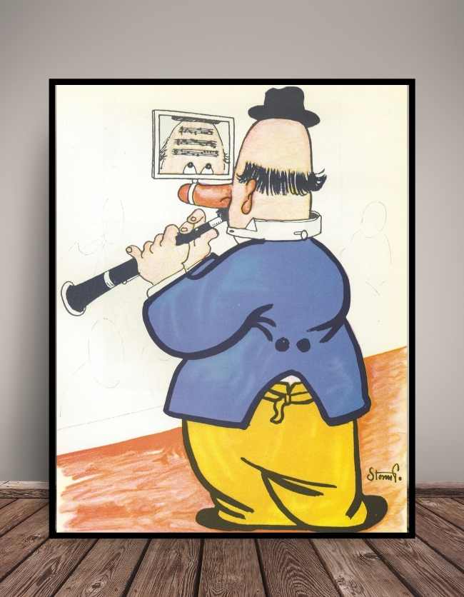 Dette er en storm p. plakat som forestiller en mand som spiller klarinet mens han kigger på noder på hans pande gennem et spejl
