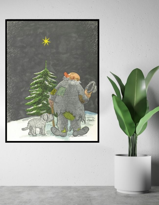 Denne Storm P. Plakat forestiller en mand som kigger på en stjerne over en juletræ, med en hund ved siden af