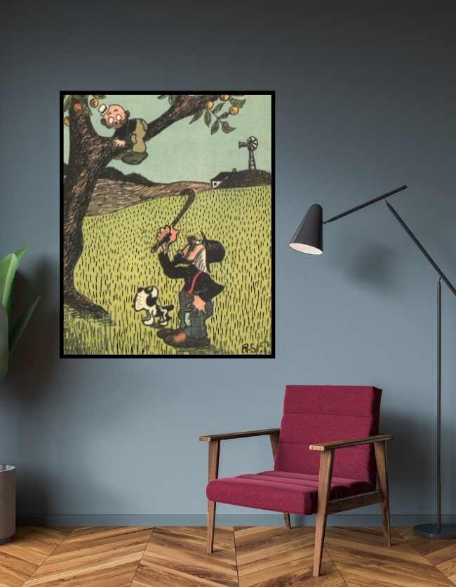 Denne plakat er en tegning i farve af storm P. med en mand som er sur på en barn som er på æblerov i et æbletræ