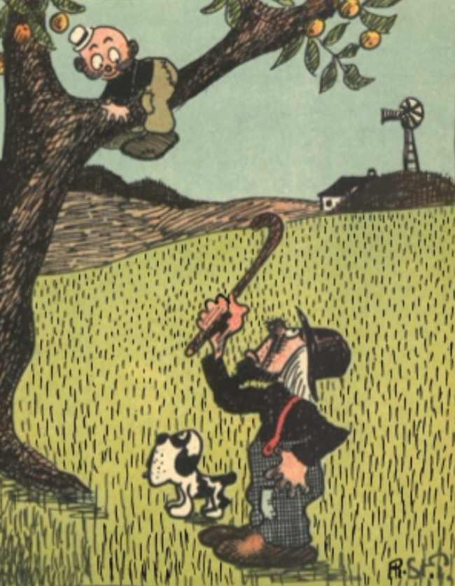Denne plakat er en tegning i farve af storm P. med en mand som er sur på en barn som er på æblerov i et æbletræ