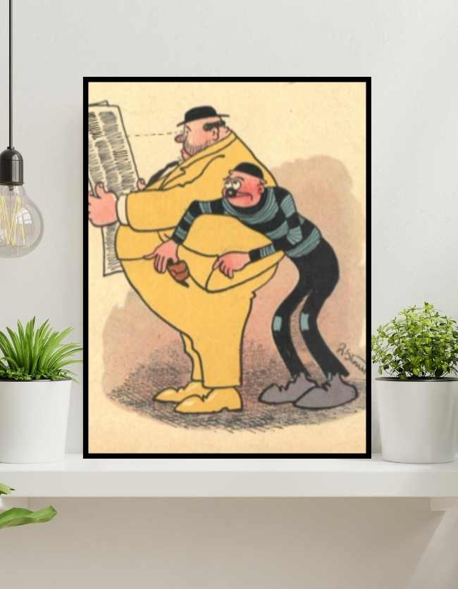 Denne plakat er malet af storm p. som er en dansk kunstner. På plakaten er to mænd, hvoraf en af dem er en lommetyv. Den anden mand læser avis og har gult tøj på