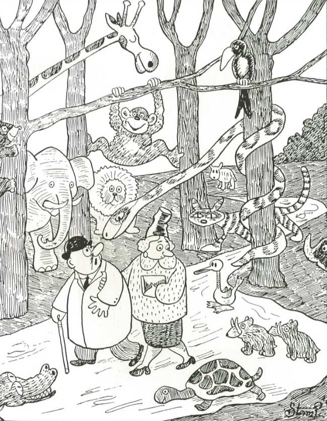 Dette billede viser er en storm P. plakat som er en tegning af en sti hvor der går to mennesker med dyr rundt om
