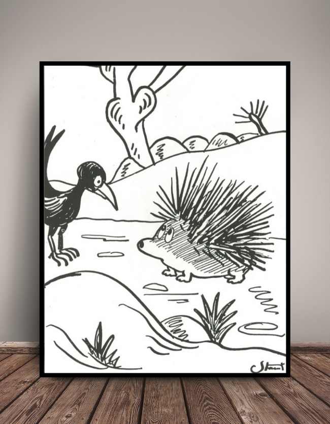 Denne plakat viser et pindsvin og en fugl. Retro plakaten er tegnet af Storm P. og er i sort hvid