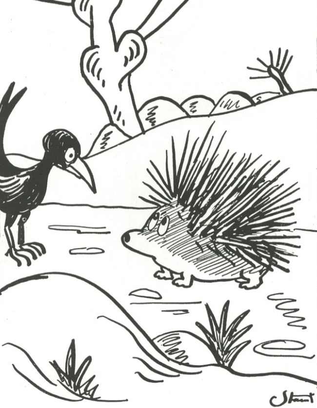 Denne plakat viser et pindsvin og en fugl. Retro plakaten er tegnet af Storm P. og er i sort hvid