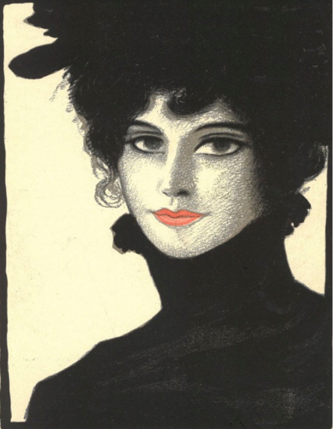 En vintageplakat med en kvinde med sort tøj og sort hår, hun har rød læbestift. 