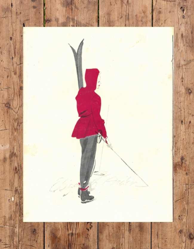 Denne modeplakat er fra 1945 og er en reklame for kosmetikvirksomheden Elizabeth Arden. PÅ plakaten er en kvinde i rød på ski