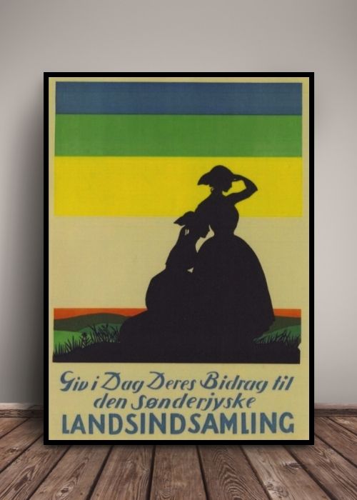 Dette er en plakat som er grøn, blå og gul med to kjoler i sort. Plakaten er er af Valdemar Andersen og er sat i en ramme