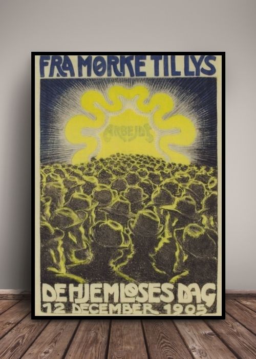 Dette er en vintage plakat fra Valdemar Andersen. På plakaten er der en masse hjemløse mænd, som går om et lys, og væk fra mørket. Plakaten er indrammet i en sort ramme
