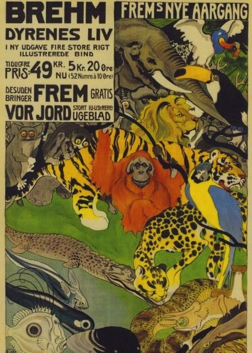 En meget farverig plakat med en masse forskellige dyr. Plakaten er tegnet af Valdemar Andersen i 1910