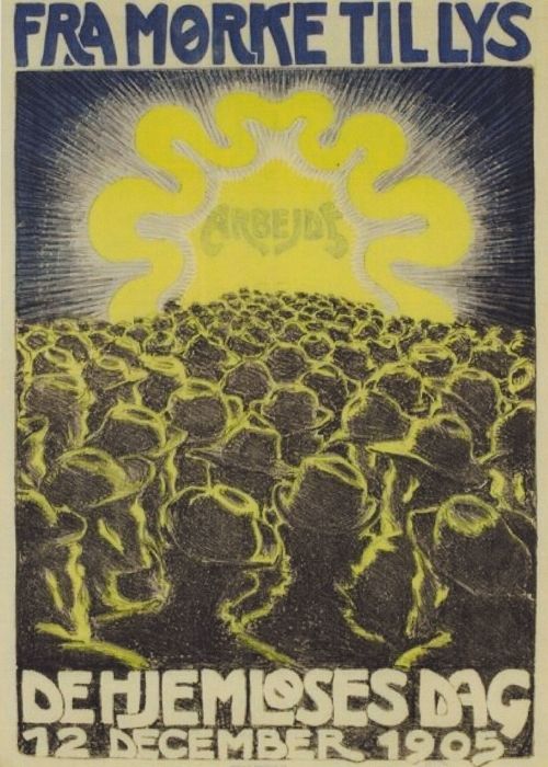 Dette er en vintage plakat fra Valdemar Andersen. På plakaten er der en masse hjemløse mænd, som går om et lys, og væk fra mørket