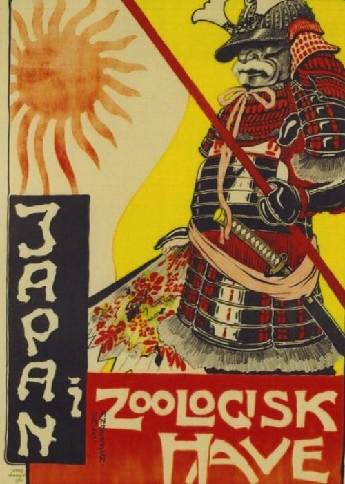 En plakat af valdemar andersen som hedder Japan I Zoologisk Have. Plakaten er gul og rød og sort, og har en kat på