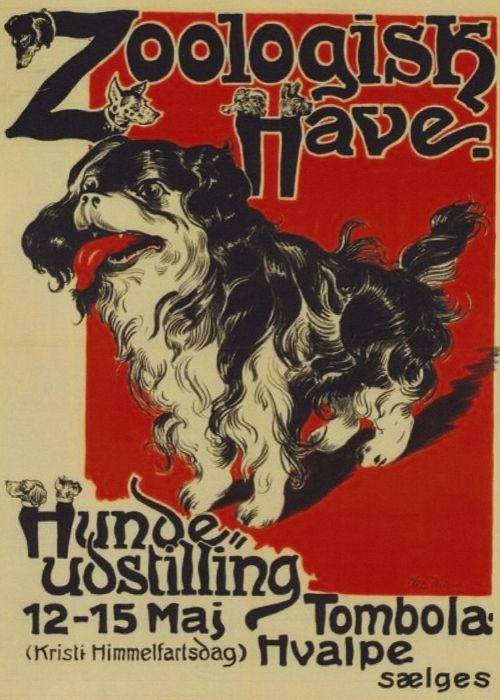 Dette er en vintage plakat som er rød og hvid, hvor der er en sort hund på. Plakaten er af Valdemar Andersen og hedder hundeudstlling